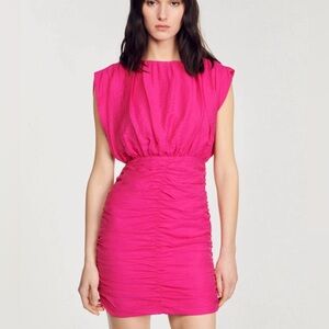 Sandro Diamanté ruched hot pink mini dress women’s xs
